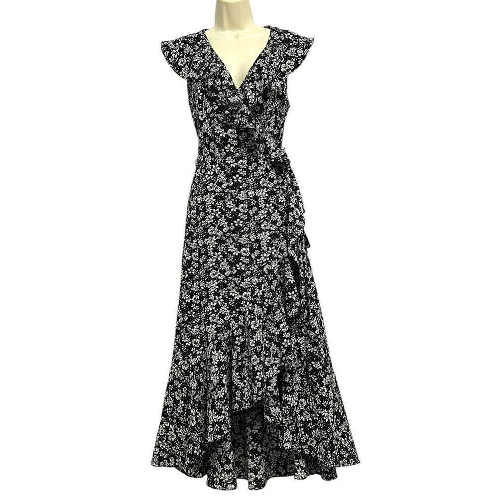 Max Studio Wrap Dress Womens Small Black Floral Dot Ruffle High Low Cottagecore - Picture 13 of 14